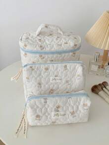 Cute Blue Bear Pattern Makeup Bag, Large Capacity Heart-Shaped Quilted Storage Bag, Multi-Functional Wash Bag,Includes Mesh Pockets,Pen Holder/Handbag - Blue - View 8