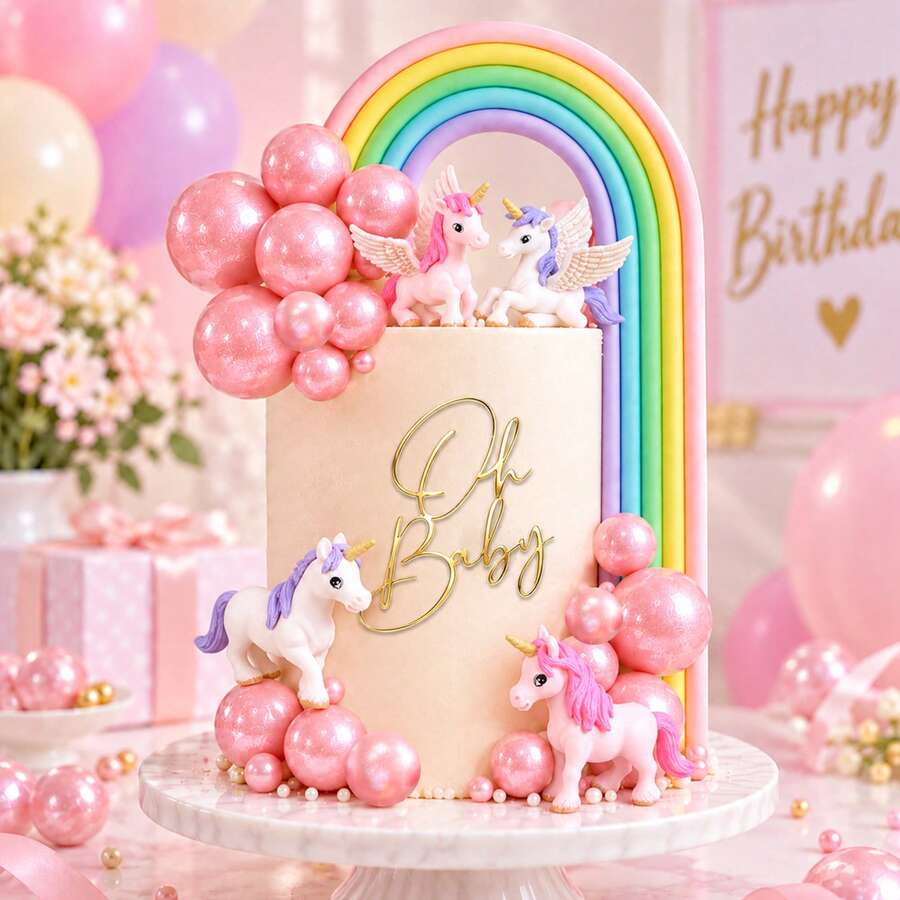 33pcs/8pcs Unicorn Cake Topper Set, Rainbow And Pink Ball Cake Toppers, Acrylic Cake Decorations, Suitable For Birthday, Baby Shower Party Supplies - Multicolor - View 1