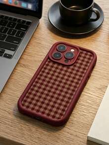 1pc Christmas Element Vintage Red & Brown Plaid Pattern TPU Full Coverage Phone Case, Compatible With IPhone 18/18 Pro/18 Pro Max/17/17 Pro/17 Pro Max/11/12/13/14/15/16/17/Air/Pro/Pro Max/Plus, Anti-Drop, Anti-Scratch Protection Design, Comfortable Grip, Perfect Gift For Men, Women Or Family Members On Easter, Birthday/Valentine's Day - Burgundy - View 5