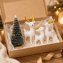 4pcs Christmas Deer Decor Set, White Reindeer Figurine + Snowy Tree, Creative Christmas Forest Theme Desktop Decoration, 2 Design Options, Holiday Home Decor, Suitable For Living Room, Office, Desk, Bookshelf - Multicolor - View 7