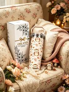 1pc/5pcs 30oz Cute Hedgehog Tumbler. Stainless Steel With Handle, Straw & Leak-Proof Flip Lid. Sweet Hedgehog, Snail And Mushroom Print. Perfect Birthday Gift, Suitable For Travel, Work, Fitness & Daily Outdoor Use. - Beige-hedgehog - View 1