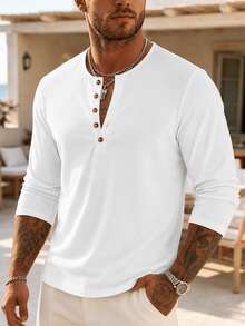 Men's Spring/Autumn Fashion Casual Button-Up Slim Fit Regular Shoulder Henley Collar Long Sleeve T-Shirt - White - View 5
