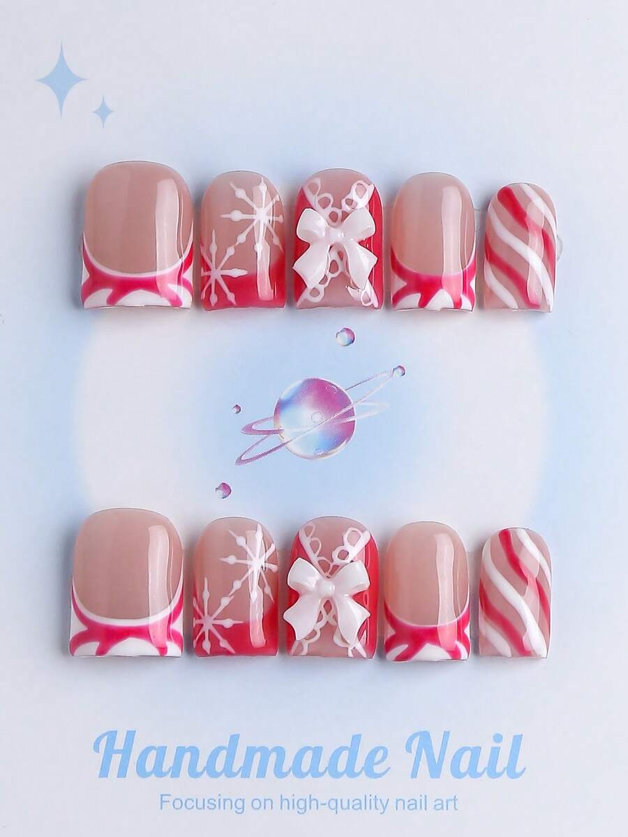 10pcs Handmade Press-On Nails, Square Shape, Fake Nails, Autumn Style, Y2K Style, Durable, Reusable, Red, French Style, 3D Design, Suitable For Autumn/Winter, Daily Wear, Party, Vacation, Also The Best Holiday Gift For Women - Red - View 1