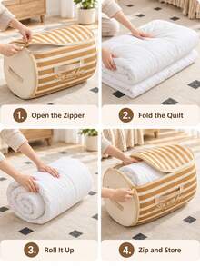 Minimalist, Cylindrical, Compressible Storage Bag Featuring A Striped Print, A Carrying Handle, And A Dual-Zipper Closure. Portable And Space-Saving, It Is Designed For Storing Bedding And Blankets-Perfect For Year-Round Home Use. - Multicolor - View 6