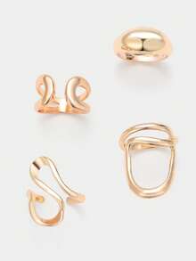 Sorayune 4pcs/Set Fashionable Bohemian Geometric Hollow Asymmetric Abstract Design Adjustable Gold Rings Set, Women Jewelry Accessories - Yellow Gold - View 2