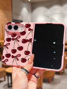1pc Fashionable Cute Simple Skin Feel PC Material Bow Cherry Element Folding Phone Case, Can Protect And Prevent Falling For:SamsungGalaxy Z Fold 8/IPhoneDuo - Pink - View 3