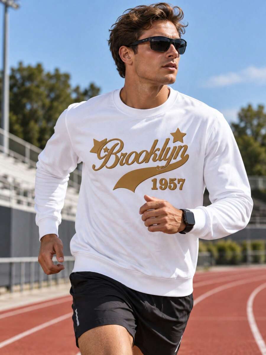 JUNQi Western Brooklyn 1957 Vintage Star Logo Sweatshirt, American Street Style Textured Men's Basic, Suitable For Daily Commute, Machine Washable - White - View 1