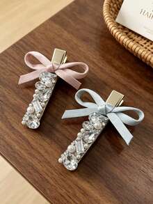 2pcs Shiny Crystal Rhinestone Pearl Bow Side Hair Clips Set, Exquisite Hair Accessories For Women, Daily And Party Wear, Gift For Girls - Multicolor - View 1