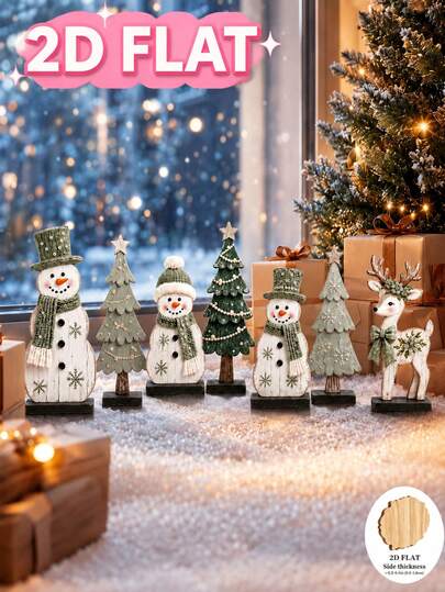 7pcs Vintage Green 2D Wooden Ornament (Snowman, Christmas Tree, Reindeer) – Tabletop Decor, Festive Display; Suitable For Dining Tables,Windowsills And Decorations For Living Room;Fresh Forest-Inspired Style;Ideal Christmas Gift.Home Decor,Office Decor