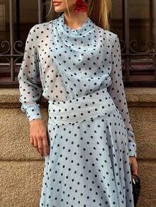 Women's Polka Dot Asymmetrical Hem 2 Pieces Set, Long Sleeve Semi-Sheer Top With Flowy Skirt, Spring Outfit, Non-Stretch Fabric, Comfortable Wear - Blue - View 7