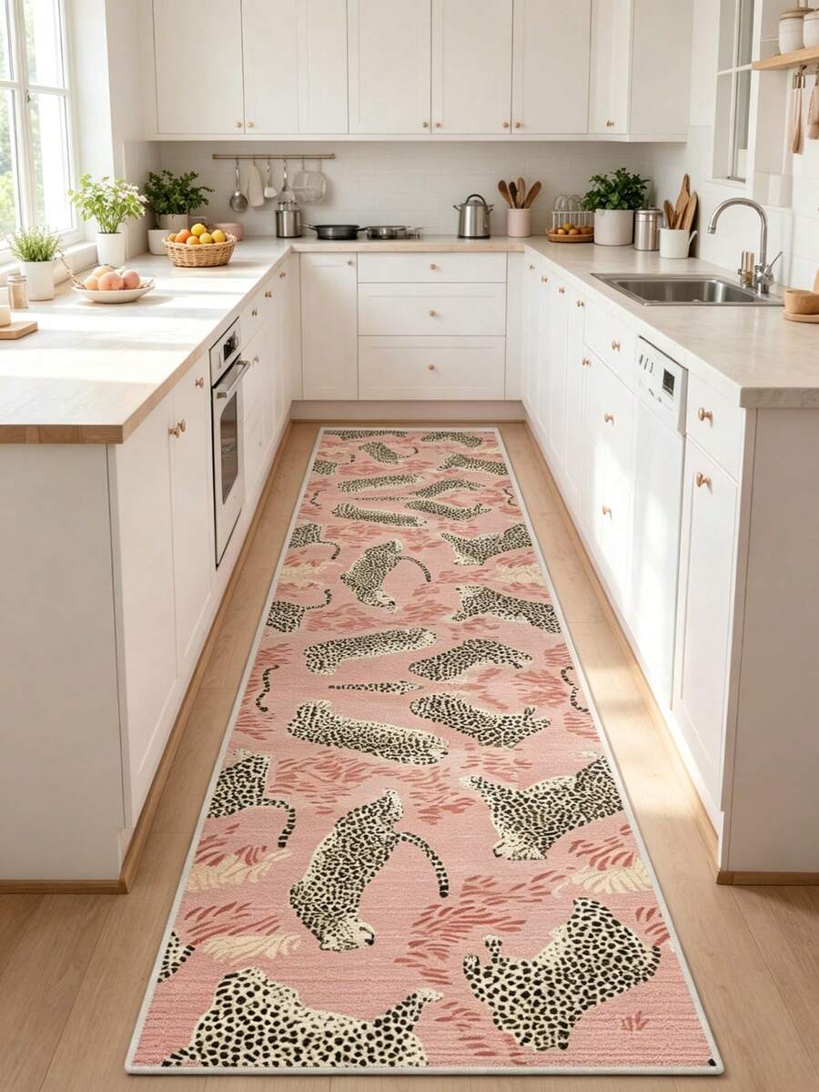1pc Pink Leopard Print Hallway Runner Rug, INS Style Girly Corridor Mat, Entryway Bedroom Bedside Non-Slip Washable Plush Foot Mat, Decorative Rug, Bedroom Decor, Small Rug, Carpet, Home Decor, Living Room Rug, Living Room Small Rug, Bedroom Carpet, Living Room Home Decor, Outdoor Rug, Washable Carpet - Multicolor - View 1
