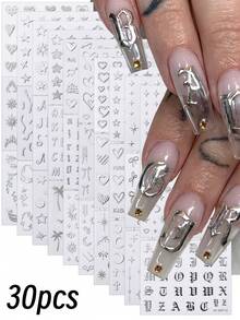 30Pcs Silver Metallic Goth Vintage Nail Art Stickers, Self-Adhesive Gothic Letter Heart Star Moon Cross Pattern Nail Decals, Vintage DIY Manicure Decor Accessories - Multicolor - View 11