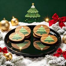 4pcs Wooden Christmas Tree Coasters, Round Wooden Coasters, Hand-Painted Christmas Tree Pattern, Suitable For Coffee Cups And Tea Cups, Winter Holiday Table Decoration, Perfect Gift For Christmas And Housewarming, Suitable For Home Kitchen, Dining Table And Bar - Multicolor - View 1