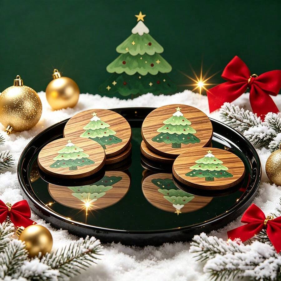 4pcs Wooden Christmas Tree Coasters, Round Wooden Coasters, Hand-Painted Christmas Tree Pattern, Suitable For Coffee Cups And Tea Cups, Winter Holiday Table Decoration, Perfect Gift For Christmas And Housewarming, Suitable For Home Kitchen, Dining Table And Bar - Multicolor - View 1