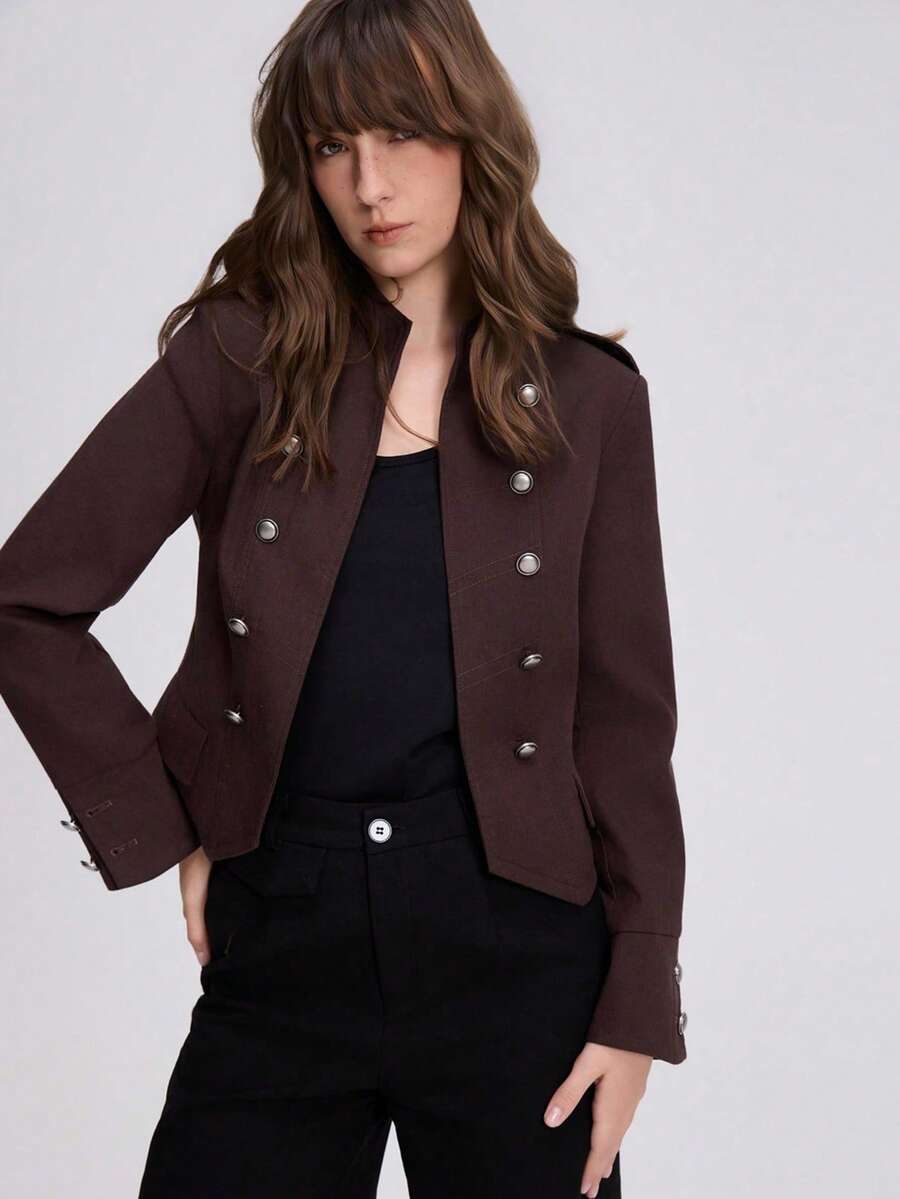 Women's Double-Breasted Napoleon Style Jacket Coat Suitable For Autumn - Brown - View 1