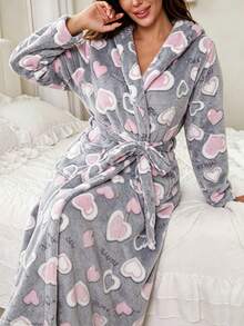Plus Size Women's V-Neck Long Sleeve Flannel Thickened Robe, Elegant Pink Heart Pattern With Belt, Long Robe Loungewear For Autumn/Winter - Grey - View 5