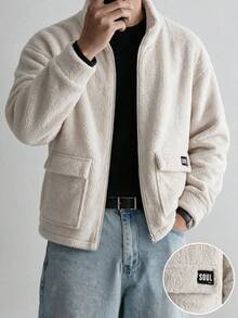Men's Casual Fashion Double-Sided Fleece Warm Solid Color Street Style Stand Collar Pocket Decor Commute Essential Long Sleeve Sweatshirt - Apricot - View 4