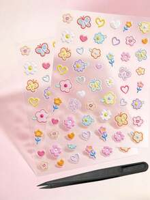 1Set 5D Embossed Decor Stickers, Colorful Flower Butterfly Heart Pattern, Self-Adhesive Decals, Cute Floral Decor, Bonus Tweezers Included, Metal Stickers, Phone Stickers For Decoration - Dopamine-colored Small Flowers - View 7