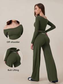 TimeOff Women's One Set Autumn/Winter Pure Elastic Color Asymmetrical Shoulder Slim Fit Soft Skin-Friendly Top And High-Waist Wide-Leg Pants - Olive Green - View 11
