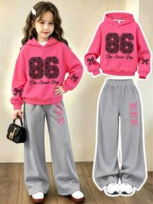 Fashion Street Academy Style Girls Bow & Number Print Hoodie Sweatshirt With Printed Loose Long Pants, 2-Piece Set For Autumn/Winter - Hot Pink - View 1