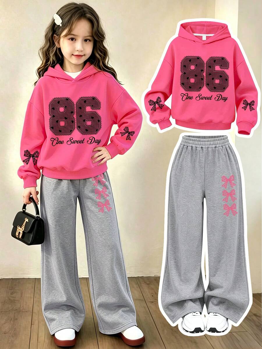 Fashion Street Academy Style Girls Bow & Number Print Hoodie Sweatshirt With Printed Loose Long Pants, 2-Piece Set For Autumn/Winter - Hot Pink - View 1