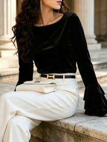 DONICY Women Elegant Velvet Boat Neck Top Double Layer Ruffle Flare Sleeve Loose Fall Blouse - Black - View 5