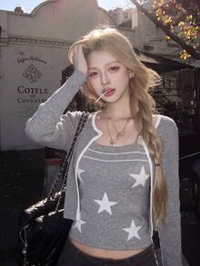 Korean Style Premium Grey Knit Cardigan + Star Print Spaghetti Strap Top Set, Women's Autumn/Winter Hot Girl Style Short Fitted Camisole 2 Pieces Set - Gray - View 1