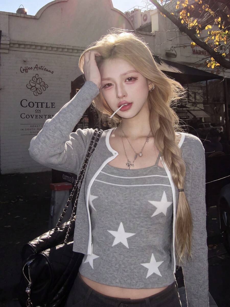 Korean Style Premium Grey Knit Cardigan + Star Print Spaghetti Strap Top Set, Women's Autumn/Winter Hot Girl Style Short Fitted Camisole 2 Pieces Set - Gray - View 1