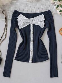 Sweet Y2K Striped Bow Off Shoulder Rib Knit Top,Women Long Sleeve Slim Sweater For Summer Vacation Mother's Day Casual Party - Navy - View 5