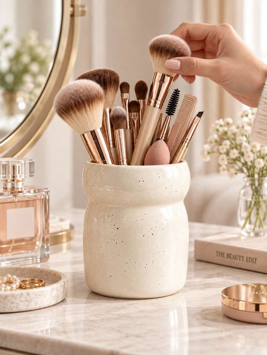 1pc Minimalist Irregular Textured Cylinder Storage Holder, Multipurpose Desktop Organizer, Makeup Brush & Pen Display Caddy For Vanity Dressing Table Bedroom Home Decor - Multicolor - View 1