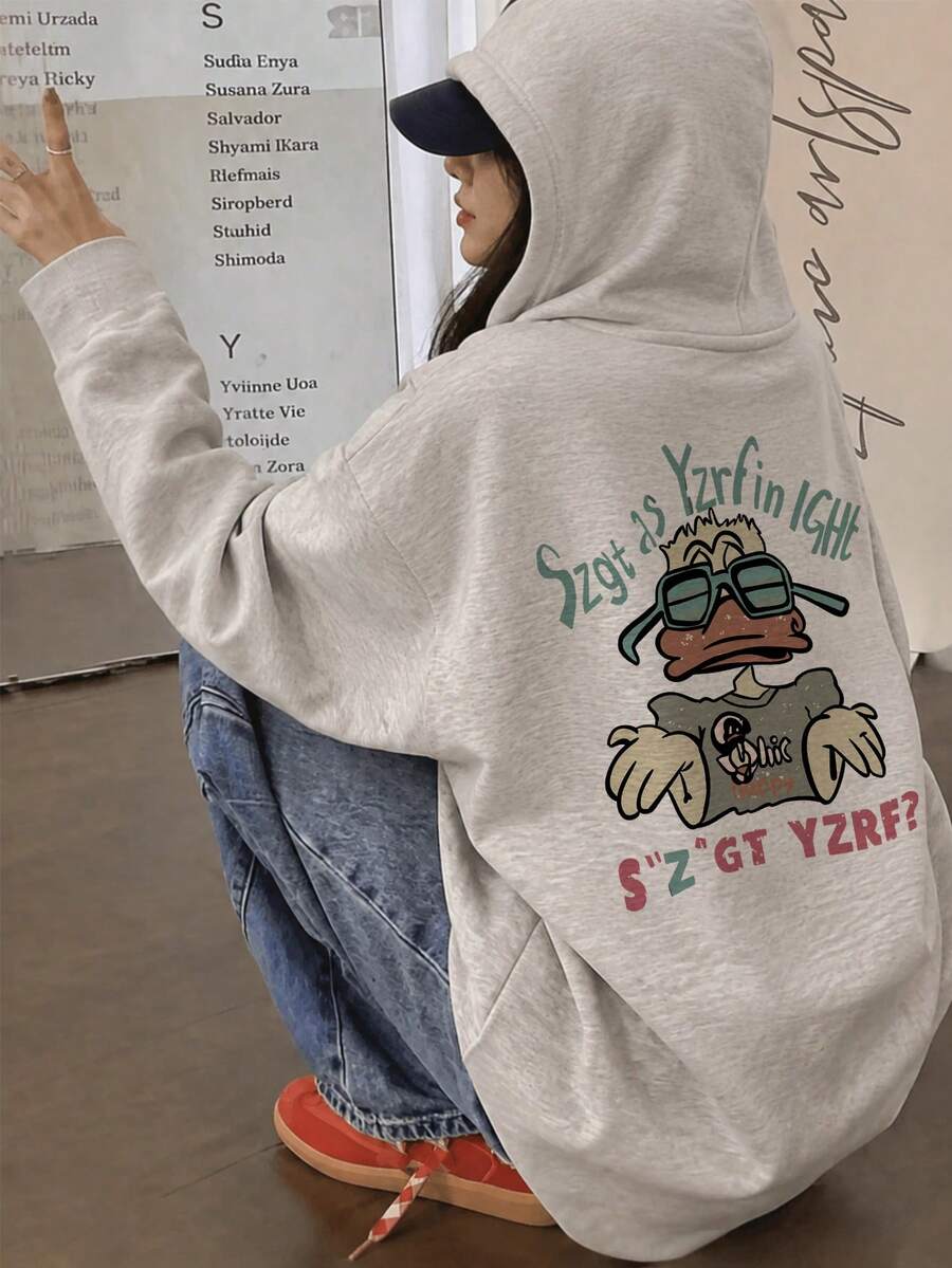 Women's Fashion Autumn/Winter Loose Slouchy Versatile Cartoon Duck Print Crew Neck Sweatshirt - Light Gray - View 1