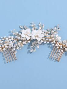1pc Ceramic Flower Rhinestone Faux Pearl Decorated Elegant Hair Comb, Suitable For Bride Wedding, Daily Party Outfit, Banquet And Other Women's Hair Accessories - Gold - View 3