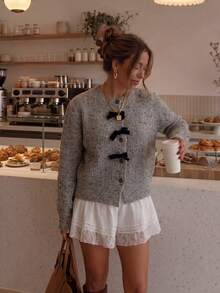 Women's Spotted Knit Cardigan, Black Bow Decor Button Sweater, Suitable For Halloween, Thanksgiving And Christmas - Grey - View 2