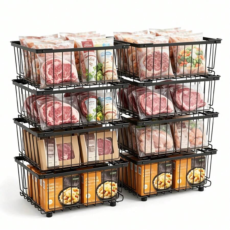 Metal Wire Freezer Organizer Bins 8 Pack, Stackable Chest Freezer Storage Baskets With Foldable Handles, Space Saving Kitchen Organizer