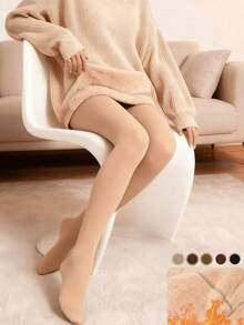 1 Pair 80/200/300g Women's Thick Warm Leggings, Women's Warm Winter Fleece Velvet Leggings, High Waist Elastic Band, Slim Fit Sexy Beige Pantyhose, Underwear, Winter Leggings, Thick Warm Pants, Leggings, Winter Leggings And Socks, Warm Lined Leggings - Multicolor - View 2