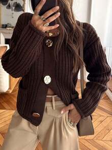 Vellofy Women's Autumn/Winter Chocolate Brown Chunky Knit Cardigan, Round Neck Large Decorative Buttons Long Sleeve Short Length Sweater Jacket With Pockets, Loose Fit Suitable For Daily Commute And Party - Brown - View 1