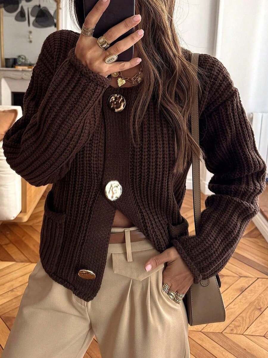 Vellofy Women's Autumn/Winter Chocolate Brown Chunky Knit Cardigan, Round Neck Large Decorative Buttons Long Sleeve Short Length Sweater Jacket With Pockets, Loose Fit Suitable For Daily Commute And Party - Brown - View 1