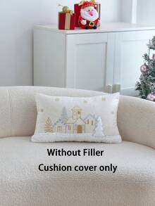 1pc Christmas Gold & Silver Christmas Tree House Embroidered Pillow Case, Suitable For Indoor Decoration, Christmas Decoration, All-Season Pillow Case, Without Insert - Multicolor - View 3