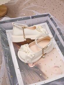 Girls' Bow & Pearl Anklet Decor Mary Jane Shoes, Princess Shoes, Birthday Party Dress Performance Versatile Shoes - Beige - View 2