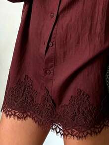 Women's Casual Loose Brown Lace Patchwork Shirt, Lightweight Breathable Loose Fit, Suitable For Vacation, Dating, Daily Wear, All Season, Autumn Outfit - Burgundy - View 5