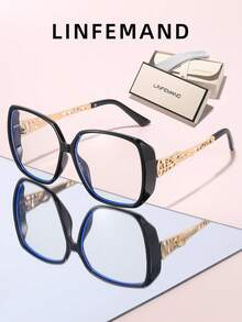 LINFEMAND 1 Pair Women's Oversized Gradient Non-Prescription Glasses, Hollow Metal Temple Design, Face-Flattering Small-Face Effect, Fashionable Contrast Color Frame, Daily Commute Office Wear, Versatile Decorative Eyewear - Clear - View 14