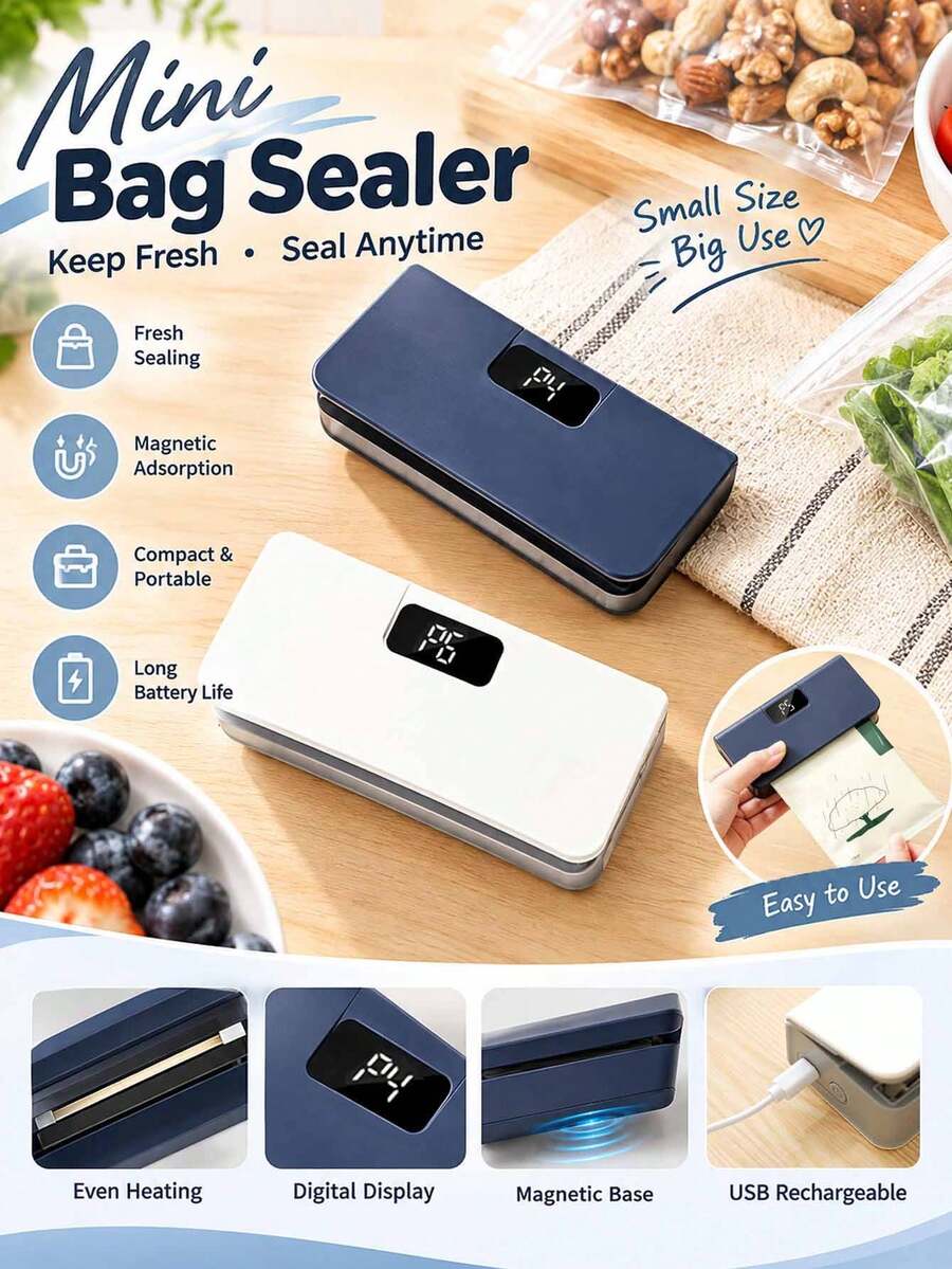 Portable USB Rechargeable Heat Sealer, No Preheating Required, One-Press Sealing, 6 Adjustable Modes, Suitable For Snacks, Candy, Coffee Beans, Plastic Bags And Food Storage, Mini Compact Design For Easy Carrying And Use At Home Or On The Go