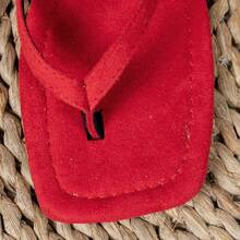 New Spring/Summer Women's Red Fabric Square Toe Flat Flip Flops, Casual Fashion Vintage Indoor Slippers Sandals - Red - View 20