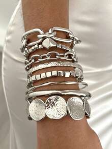 8pcs Multi-Layer Stackable Fashion Minimalist Elegant Exquisite Vintage Design Chain Square Asymmetrical Shape Beaded Round Disc Patchwork Design Embossed Texture Glossy Finish Minimalist Plain Metal Style Exaggerated Chunky Bangles Multi-Piece Set Holiday Vacation Party Date Gift Daily Commute Wear Personalized - Silver - View 5