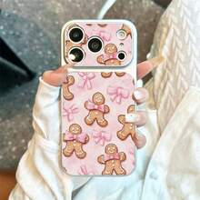 1pc TPU Soft Pink Gingerbread Man & Bow Pattern Phone Case, Full Coverage Shockproof Protective Cover For IPhone 17 Pro Max/17/16 Pro Max/15/14/13/12/11 - Silver - View 1