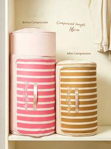 Minimalist, Cylindrical, Compressible Storage Bag Featuring A Striped Print, A Carrying Handle, And A Dual-Zipper Closure. Portable And Space-Saving, It Is Designed For Storing Bedding And Blankets-Perfect For Year-Round Home Use. - Multicolor - View 3