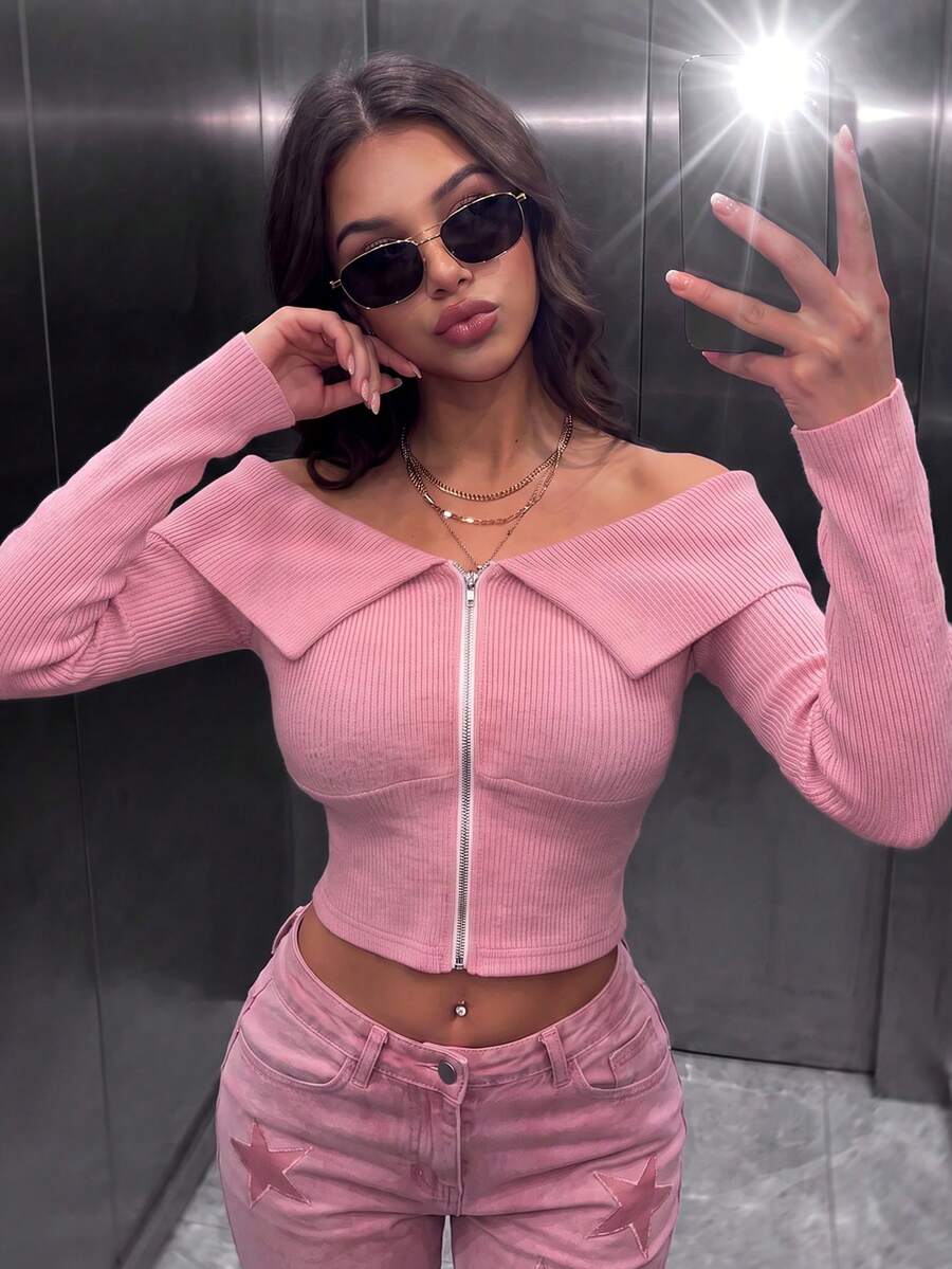 Women's Casual Off The Shoulder Cold Shoulder Zip Up Slim Fit Cropped Tops For Daily,Winter Fall Clothes,Fall Winter Outfit,Going Out Tops - Pink - View 1