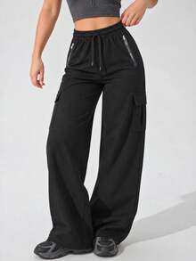 Women's Black Cargo Pants With Drawstring Elastic Waist, Wide Leg, Zipper And Flap Pockets, Casual Sport Style - Black - View 1