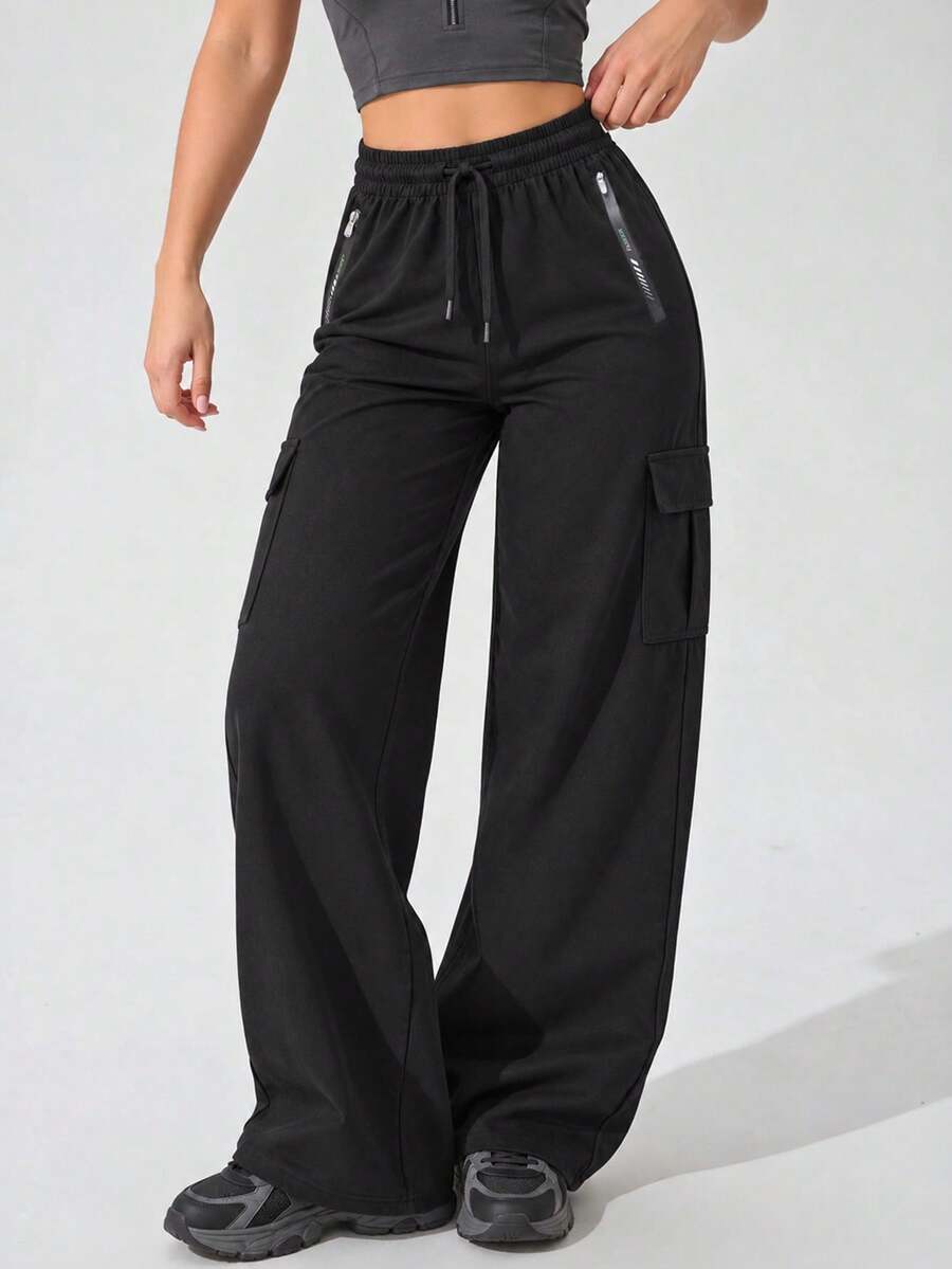 Women's Black Cargo Pants With Drawstring Elastic Waist, Wide Leg, Zipper And Flap Pockets, Casual Sport Style - Black - View 1