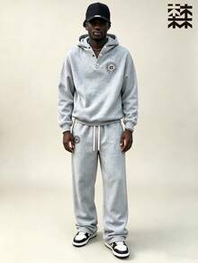 mulinsen Men's Hoodie Sweatshirt Set - Heavyweight Loose Drop Shoulder Top Paired With Draped Wide Leg Sweatpants, Casual 2 Pieces Set - Grey - View 2